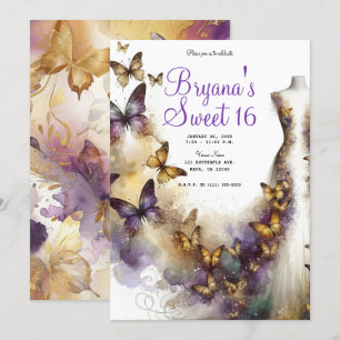 Invitation Robe papillon violet et or Fantaisie Sweet 16