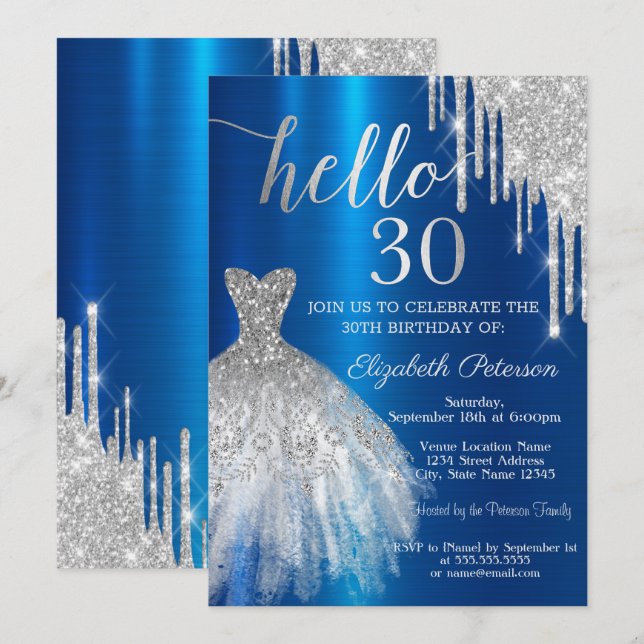 Invitation Robe Parties scintillant argent Drapeau bleu métal (Devant / Derrière)