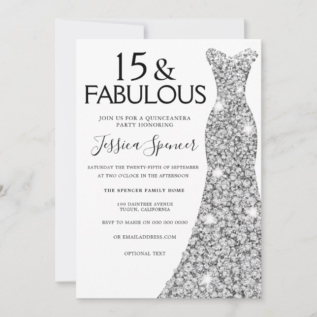 Invitation Robe Parties scintillant argent Fabuleux 15 Quince (Devant)