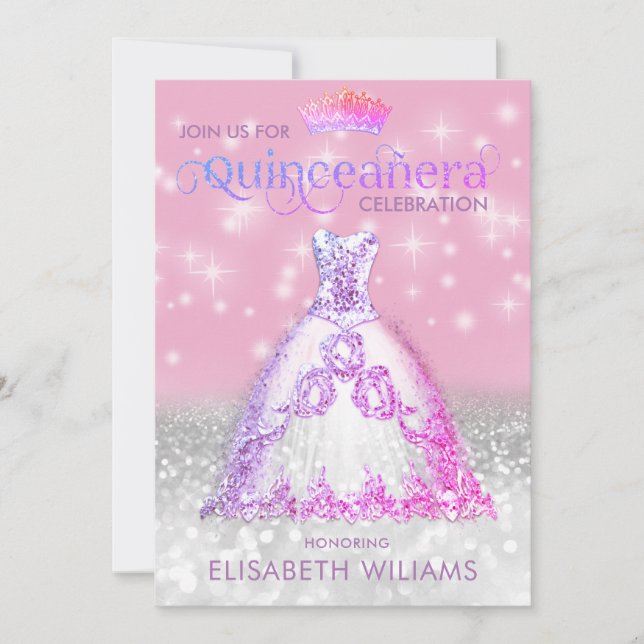 Invitation Robe parties scintillant argent ombre tiara Quince (Devant)