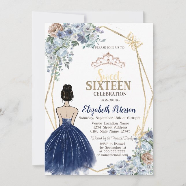 Invitation Robe Parties scintillant bleu marine, Fleurs bleue (Devant)