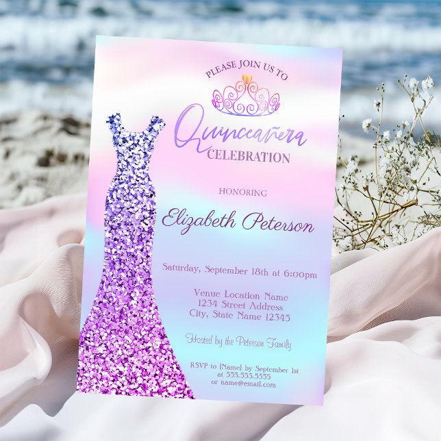 Invitation Robe Parties scintillant Chic, Tiara Holographique (Créateur téléchargé)