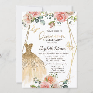 Invitation Robe Parties scintillant d'or Fleurs papillon Quin