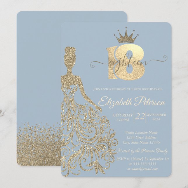 Invitation Robe Parties scintillant d'or, Tiara, Bleu Dusty 1 (Devant / Derrière)