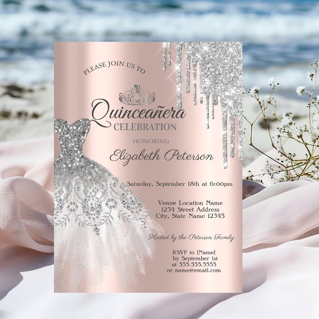 Invitation Robe Parties scintillant en argent, Déchets Rose o (Créateur téléchargé)