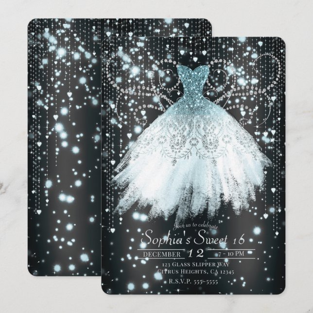 Invitation Robe Parties scintillant gris bleu et argent Douce (Devant / Derrière)