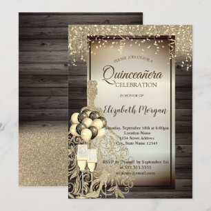 Invitation Robe Parties scintillant or, Ballons, Quinceanera 