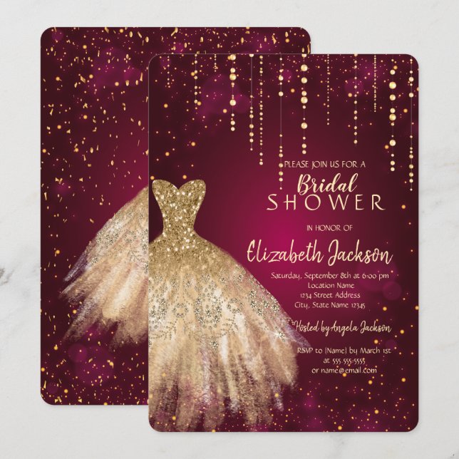 Invitation Robe Parties scintillant or, Confetti Fête des mar (Devant / Derrière)