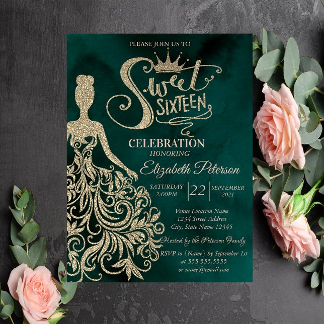 Invitation Robe Parties scintillant or, Diamants Vert Sweet 1 (Créateur téléchargé)