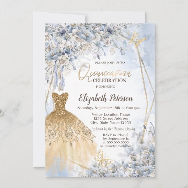 Invitation Robe Parties scintillant or Fleurs papillon Quince (Devant)