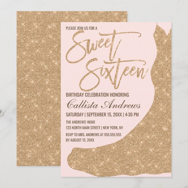 Invitation Robe Parties scintillant or rose brillant doux 16 (Devant / Derrière)