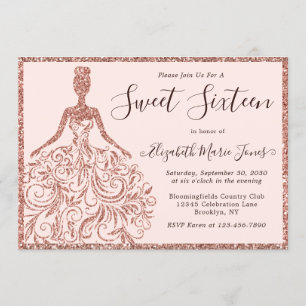 Invitation Robe Parties scintillant or rose Sweet sixteen 16 