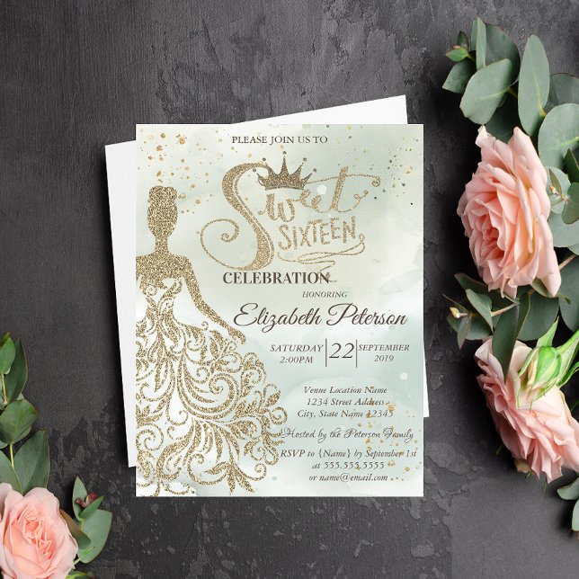 Invitation Robe Parties scintillant or, Tiara, Aquarelle Vert (Créateur téléchargé)