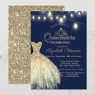 Invitation Robe Parties scintillant or, Tiara Quinceañera