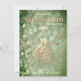 Invitation Robe parties scintillant or vert papillon Quinceañ