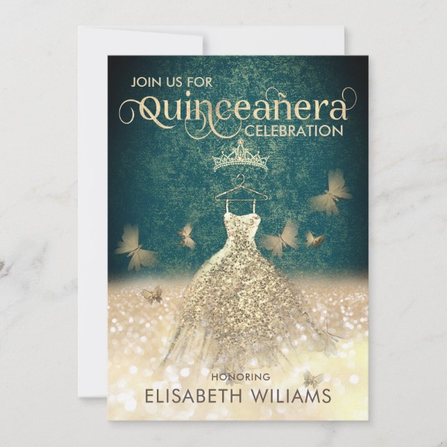 Invitation Robe parties scintillant or vert papillon Quinceañ (Devant)