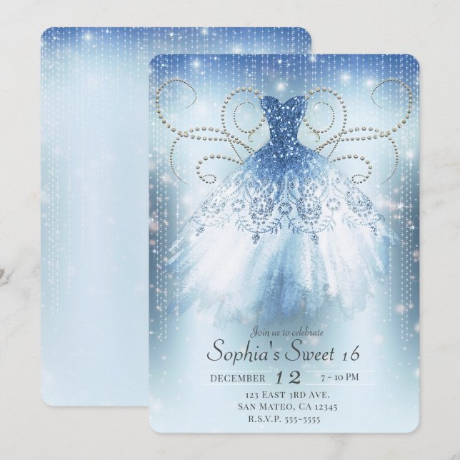 Invitation Robe Parties scintillant princesse en argent bleu  (Devant / Derrière)