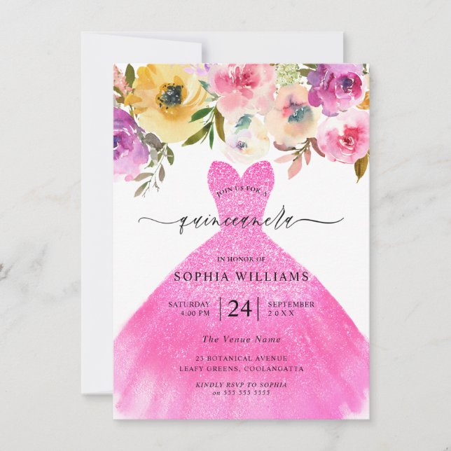 Invitation Robe Parties scintillant rose Fleurs colorées Quin (Devant)