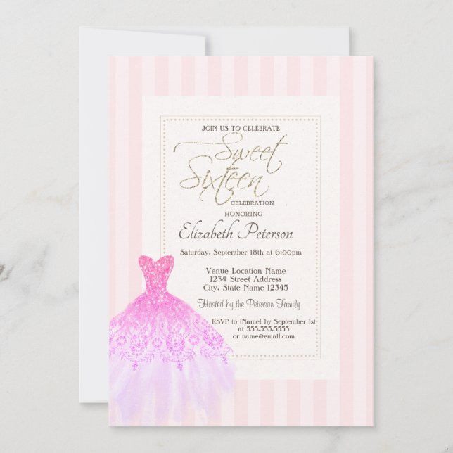 Invitation Robe parties scintillant rose rayures doux 16 (Devant)