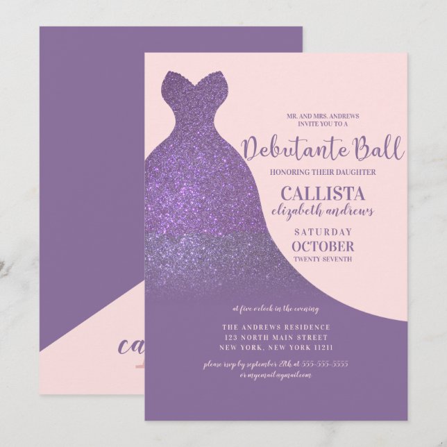 Invitation Robe Parties scintillant rose vif Violet Dance déb (Devant / Derrière)