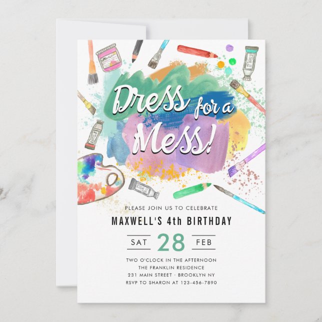 Invitation Robe pour un Mess Kids Art Peinture peinture Anniv (Devant)