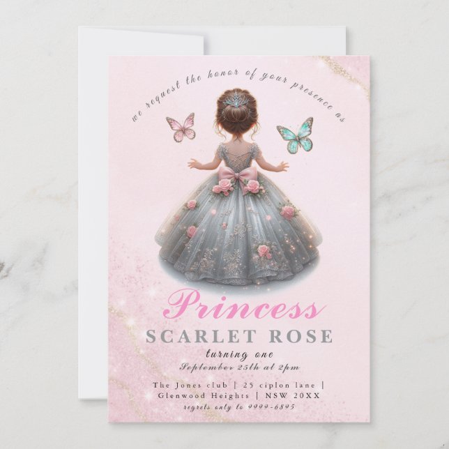 Invitation Robe princesse en argent rose Fête d'anniversaire  (Devant)