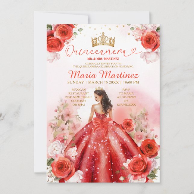 Invitation Robe princesse Florale rouge Couronne or Quinceañe (Devant)