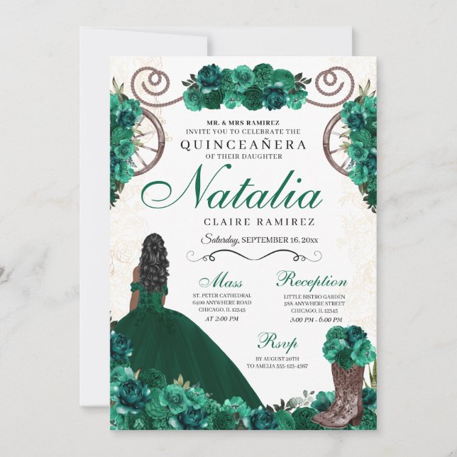 Invitation Robe princesse Ranchero verte Quinceanera (Devant)