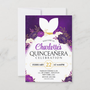 Invitation Robe princière blanche violette Quinceañera Floral