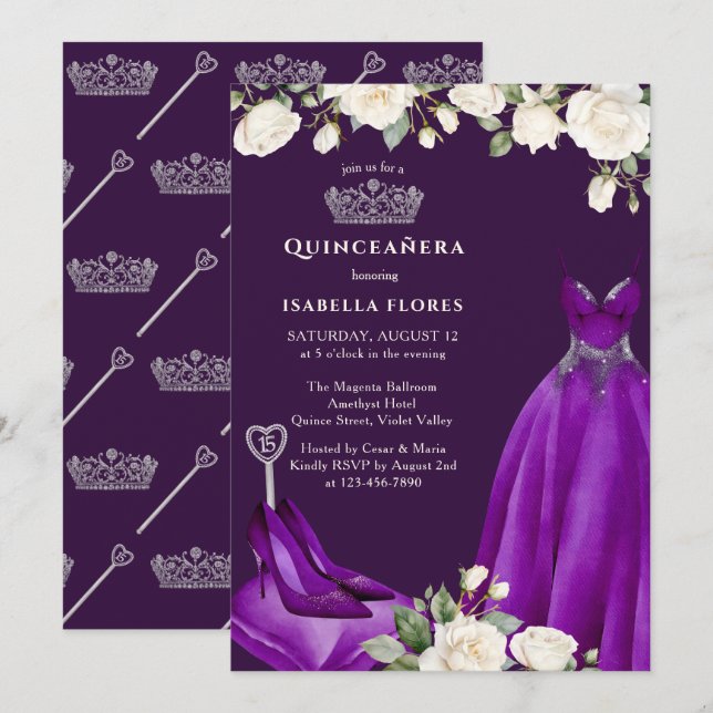 Invitation Robe princière et Rose pourpre Quinceanera (Devant / Derrière)