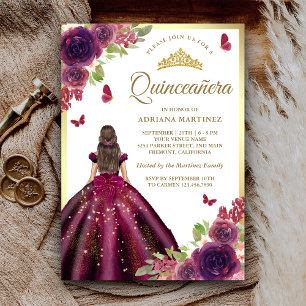 Invitation Robe prune papillon floral or Quinceanera