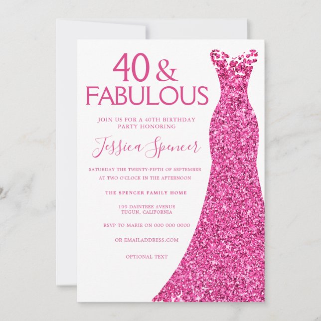 Invitation Robe rose 40e fête d'anniversaire 40 et fabuleux (Devant)