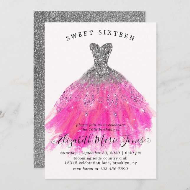 Invitation Robe rose argent chic doux 16e anniversaire (Devant / Derrière)