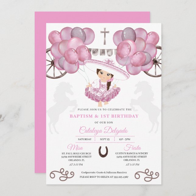 Invitation Robe rose Bébé mexicain Charra Ballons Baptême (Devant / Derrière)