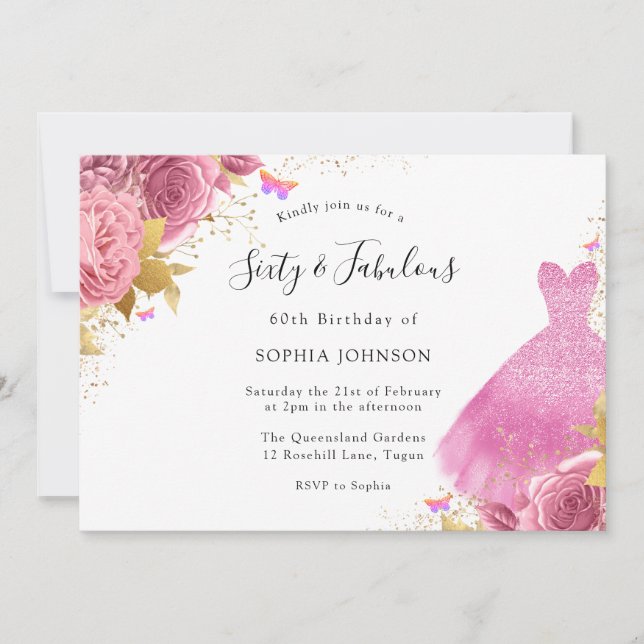 Invitation Robe rose blush or étincelante florale 60e anniver (Devant)