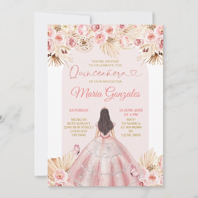 Invitation Robe rose Boho Floral Princesse Quinceañera (Devant)