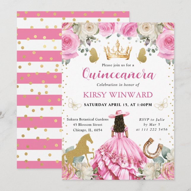 Invitation Robe rose Brunette Western Princesse Quinceanera (Devant / Derrière)