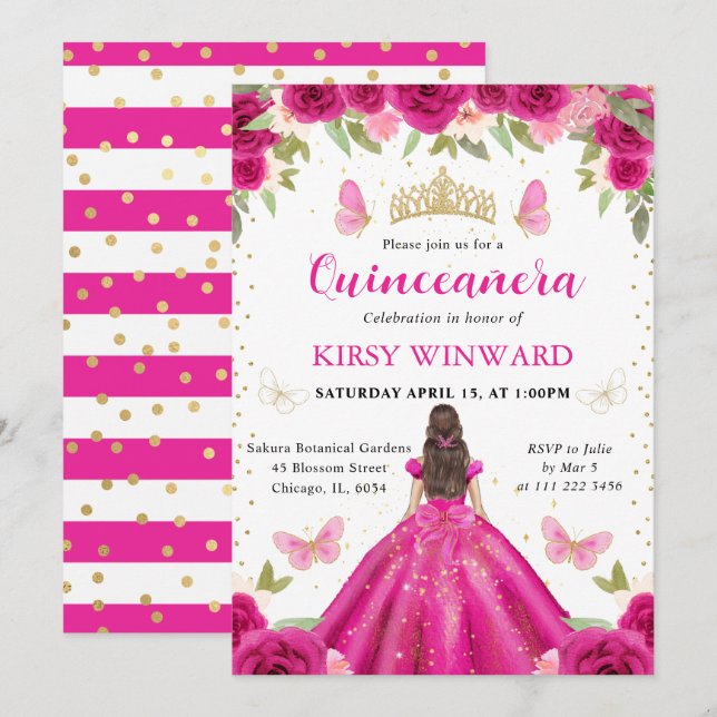 Invitation Robe rose chaude Brunette Princesse Quinceanera (Devant / Derrière)