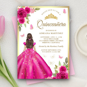 Invitation Robe rose chaude papillon Or Quinceanera