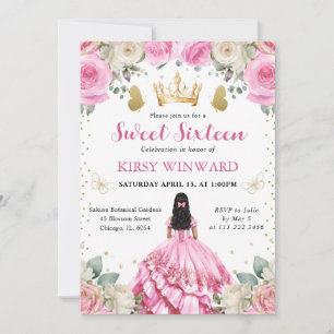 Invitation Robe rose Cheveux noirs Princesse Douce 16 ans