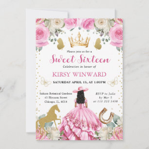 Invitation Robe rose Cheveux noirs Princesse western Sweet 16