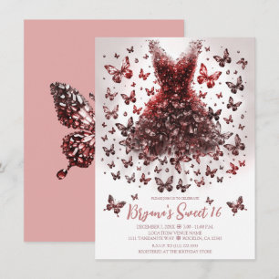 Invitation Robe rose en cristal d'or papillon