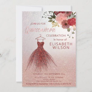 Invitation Robe rose en or glittery bordeaux Quinceañera