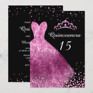 Invitation Robe rose et Quinceanera noire 15e fête d'annivers