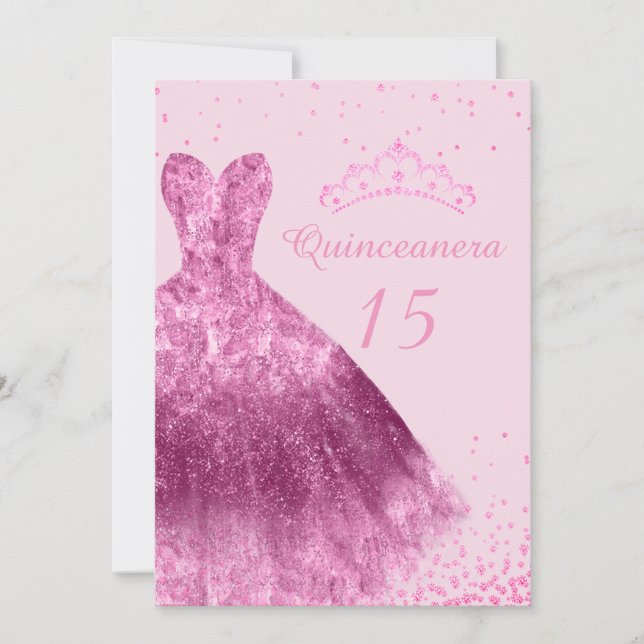 Invitation Robe rose étincelle Quinceanera 15e fête d'anniver (Devant)