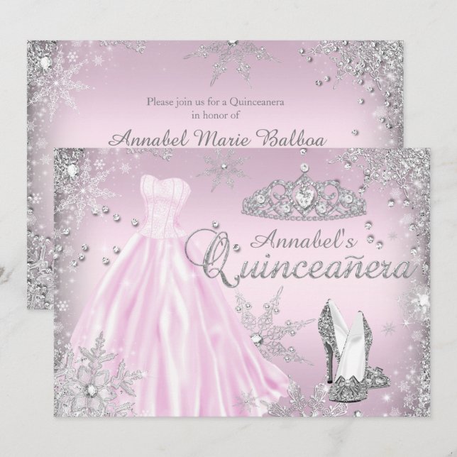 Invitation Robe rose étincelle Tiara Quinceanera (Devant / Derrière)
