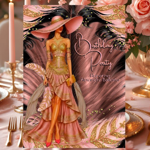 Invitation Robe rose exotique anniversaire à plumes noires et