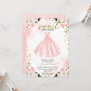 Invitation Robe rose fleurs aquarelle "Sweet 16" blush