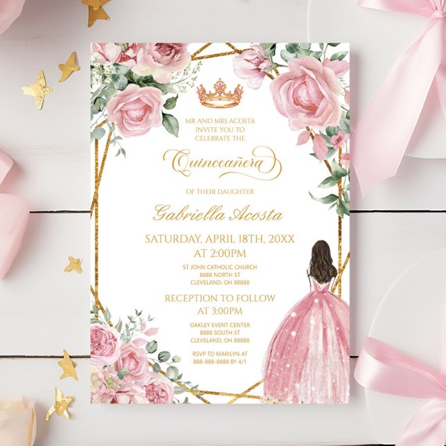Invitation Robe Rose Floral Elégante Cadre Or Quinceanera (Créateur téléchargé)