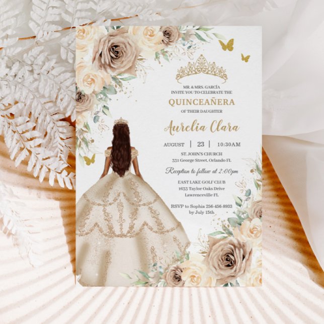 Invitation Robe Rose Florale Princess Quinceañera Champagne (Créateur téléchargé)